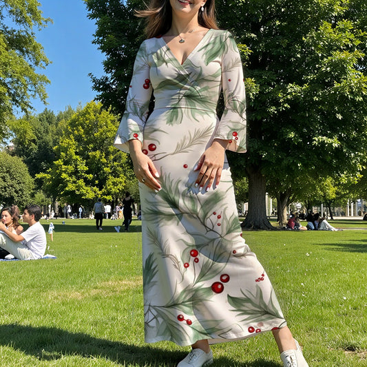 All-Over Print Women's V-Neck Long Sleeve Maxi Dress