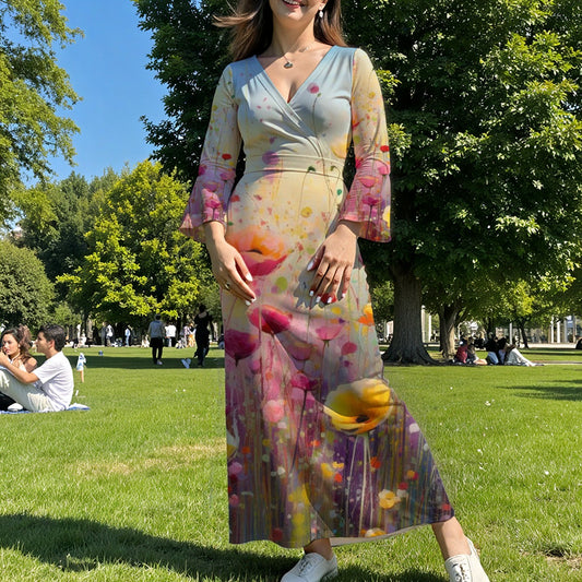 All-Over Print Women's V-Neck Long Sleeve Maxi Dress