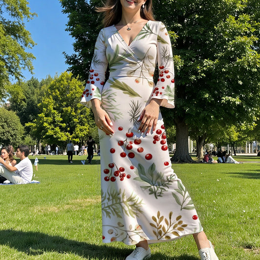 All-Over Print Women's V-Neck Long Sleeve Maxi Dress